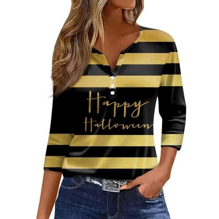 Tunics or Tops to Wear with Leggings Pumpkin Ghost Print Tunic 3/4 Sleeve Henley Button V Neck Blouse Loose Fit Fall Clothes for Women 2024 Yellow Lar