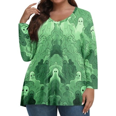 Tunics or Tops to Wear with Leggings Plus Size Pumpkin Ghost Print Tunic Long Sleeve V Neck T-Shirts Oversized Tshirts Fall Clothes for Women 2024 Gre