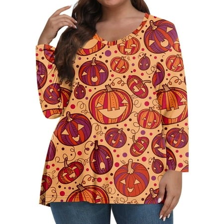 Tunics or Tops to Wear with Leggings Plus Size Pumpkin Ghost Print Tunic Long Sleeve V-Neck Blouse Oversized Tshirts Fall Outfits for Women 2024 Orang