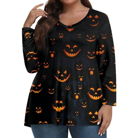 Tunics or Tops to Wear with Leggings Plus Size Pumpkin Ghost Print Blouse Long Sleeve V Neck Tunic Oversized Tshirts Fall Outfits for Women 2024 Black