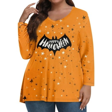 Tunics or Tops to Wear with Leggings Plus Size Pumpkin Ghost Print T-Shirts Long Sleeve V Neck Tunic Oversized Blouse Fall Outfits for Women 2024 X-La