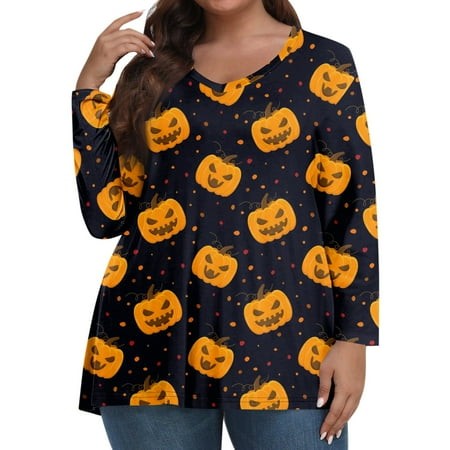 Tunics or Tops to Wear with Leggings Plus Size Pumpkin Ghost Print T-Shirts Long Sleeve V Neck Tshirts Oversized Blouse Fall Outfits for Women 2024 Ea