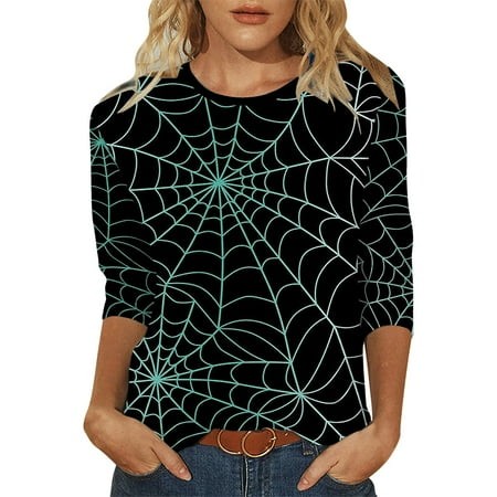 Tunics or Tops to Wear with Leggings Pumpkin Ghost Print Tshirts 3/4 Sleeve Crewneck Plus Size T-Shirts Casual Loose Fall Clothes for Women 2024 Mint 