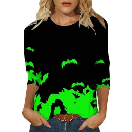 Tunics or Tops to Wear with Leggings Pumpkin Ghost Print Blouse 3/4 Length Sleeve Crew Neck Plus Size Tshirts Loose Fit Fall Outfits for Women 2024 Fl