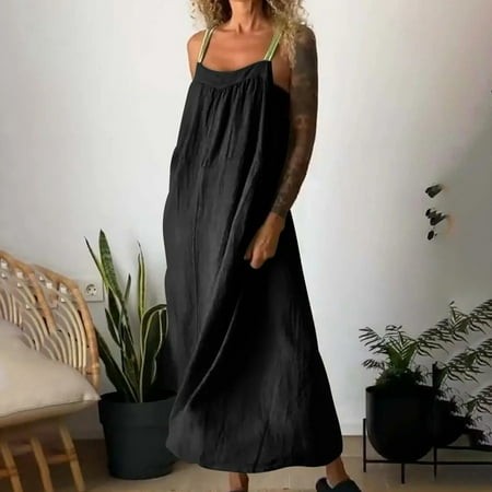Ganfancp MIDI Dresses for Women Wrap Crew Neck Sleeveless Tank Dresse Sun Dress Regular Fit Cotton Stylish Solid for Women Black L Clearance Items