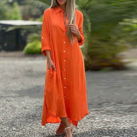 Cyber_Monday Deals! Ganfancp Sundresses for Women 2024 Bodycon V-Neck Long Sleeve Lightweight Sun Dress Slim Fit Cotton Active Solid for Women Orange 
