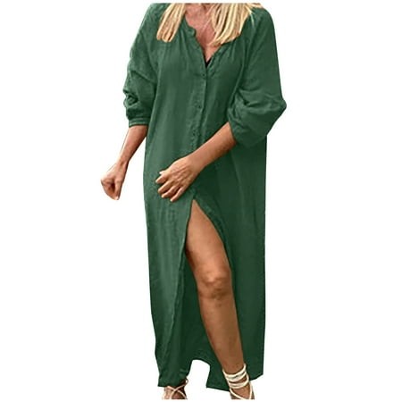 Graduation Dress a-Line Crew Neck 1/4 Sleeve Tank Dresse Sun Dress Slim Fit Linen Active Solid for Women Army Green M