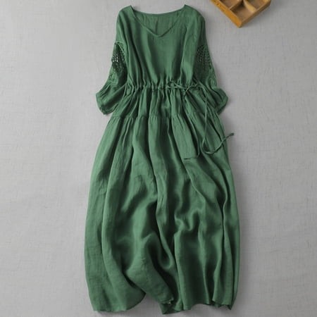 Floral Dress for Women a-Line V-Neck 3/4 Sleeve Boho Dresses Wrap Dress Regular Fit Cotton Loose Solid for Outdoor Green XL