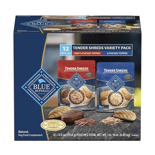 Blue Buffalo Tender Shreds Toppers  Natural Dog Food  2.5-oz. Pouch  12-Count Variety Pack