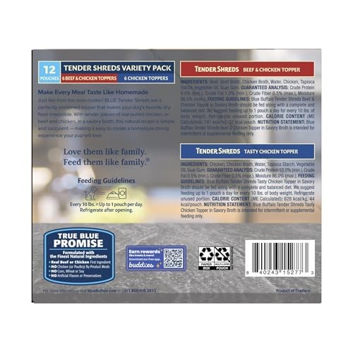 Blue Buffalo Tender Shreds Toppers  Natural Dog Food  2.5-oz. Pouch  12-Count Variety Pack thumbnail