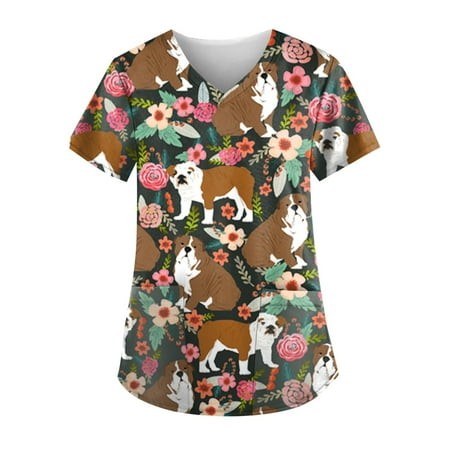 Wxiwmx Cartoon Cute Printed Nursing Scrubs Shirts for Women 2024 New Fun Color Medical Plus Size Scrub Tops with Designs Brown L