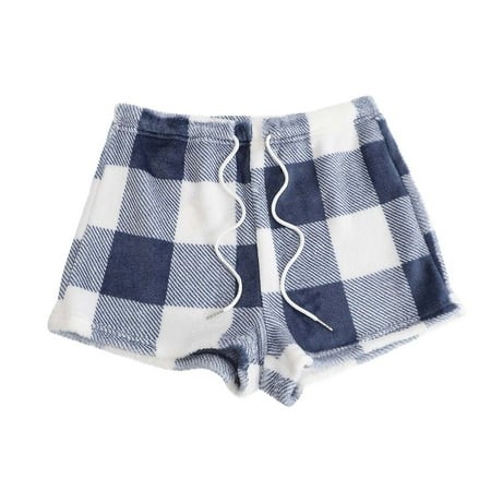 HaiMao Women S Fuzzy Buffalo Plaid Pajama Shorts Clearance Tie Front Elastic Waist Cute Sleep Lounge Pj Shorts Blue 6(M)