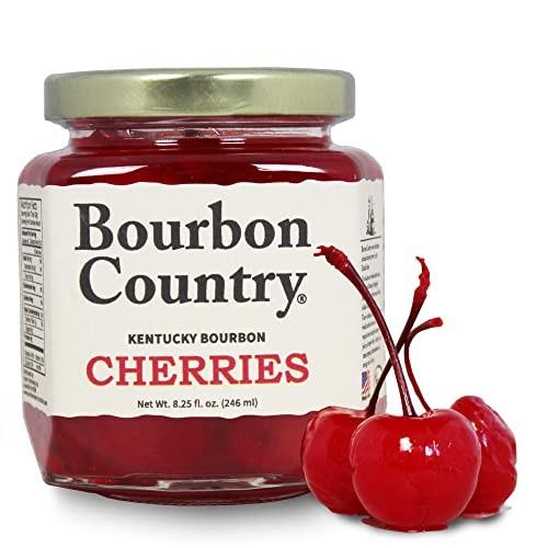 Bourbon Country Cherries | Premium Cherries for Cocktails and Desserts| Colossal Maraschino Cherries | Stemmed Cherries for Old Fashioned, Ice Cream, 