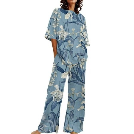 Clearance! Womens Pajama Sets Pajama Sets for Women 4804 Piece Summer Outfits for Women 2 Cotton Linen Set Oversized T Shirts Straight Leg Pant Plus S