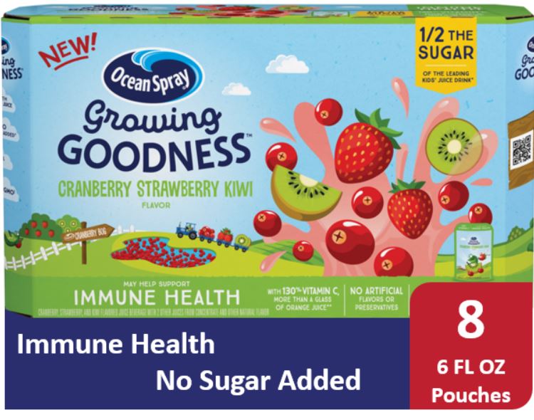 Ocean Spray Growing Goodness Juice Beverage, Cranberry Strawberry Kiwi,Immune Health, 6 Fl Oz., 8 Count Pouches