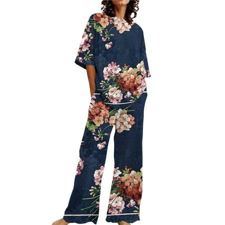 Clearance! Womens Pajama Sets Pajama Sets for Women 4542 Piece Summer Outfits for Women 2 Cotton Linen Set Oversized T Shirts Straight Leg Pant Plus S