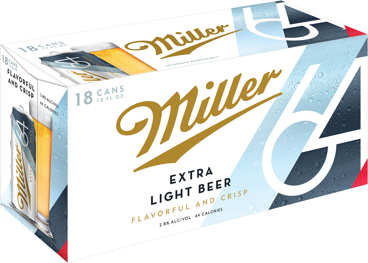 Miller 64 Beer, Extra Light Lager, 18 Pack Light Beer, 12 Fl. Oz. Cans, 2.8% ABV
