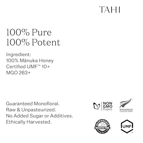 Tahi Raw Manuka Honey New Zealand UMF 10+ Certified (MGO 263+) - 100% Sustainable, Monofloral and Natural Honey - Non-GMO, Glyphosate-Free and Gluten- thumbnail