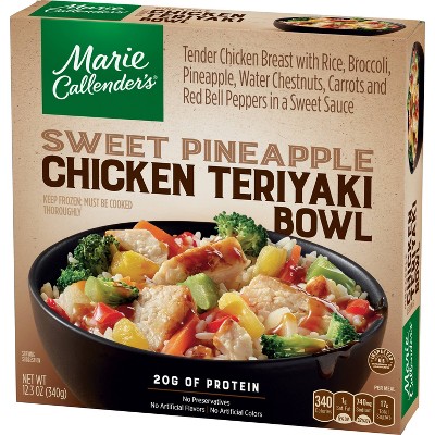 Tender Chicken Breast with Rice, Broccoli, Pineapple, Water Chestnuts, Carrots and Red Bell Peppers in a Sweet Sauce Bowl, Sweet Pineapple Chicken Ter thumbnail