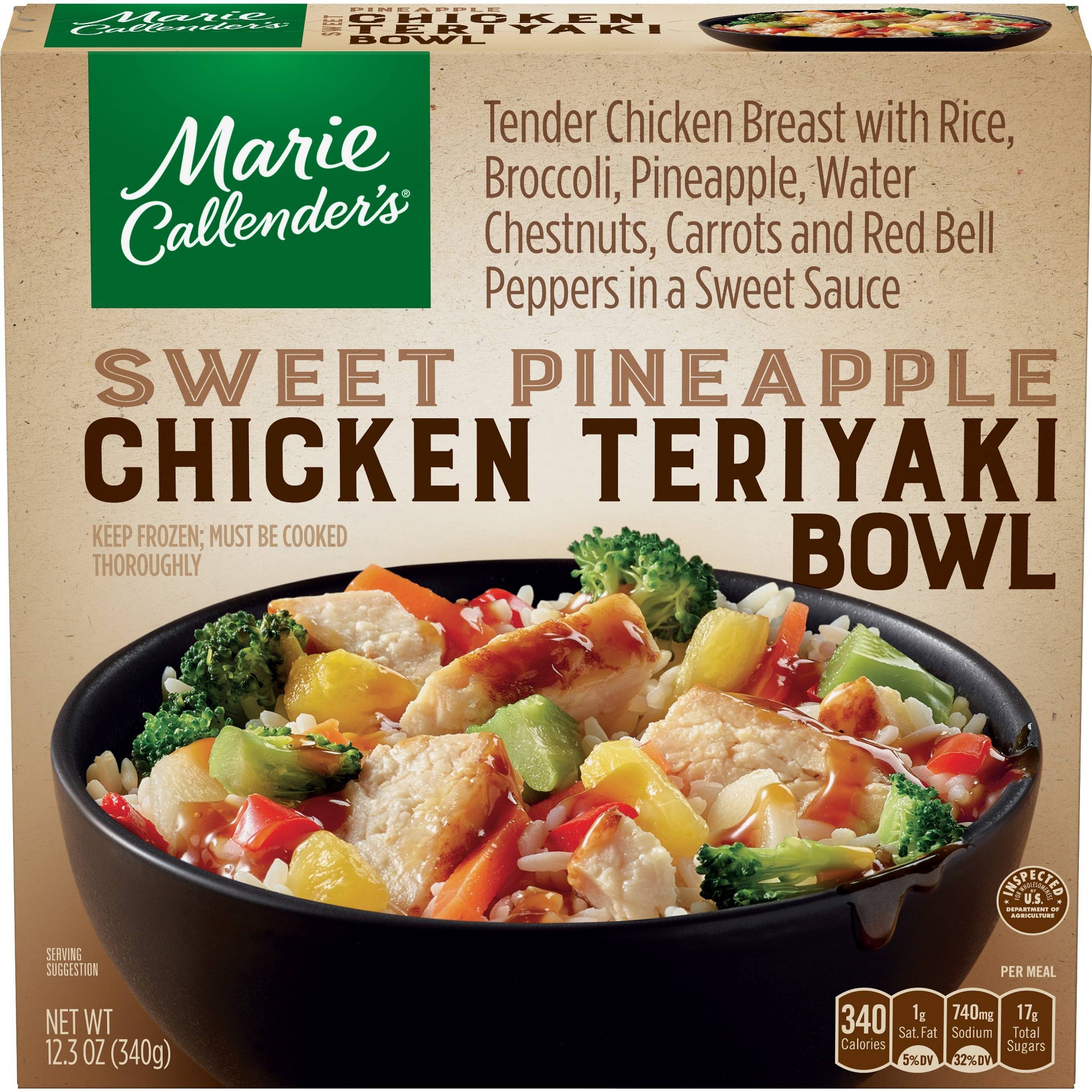 Tender Chicken Breast with Rice, Broccoli, Pineapple, Water Chestnuts, Carrots and Red Bell Peppers in a Sweet Sauce Bowl, Sweet Pineapple Chicken Ter thumbnail