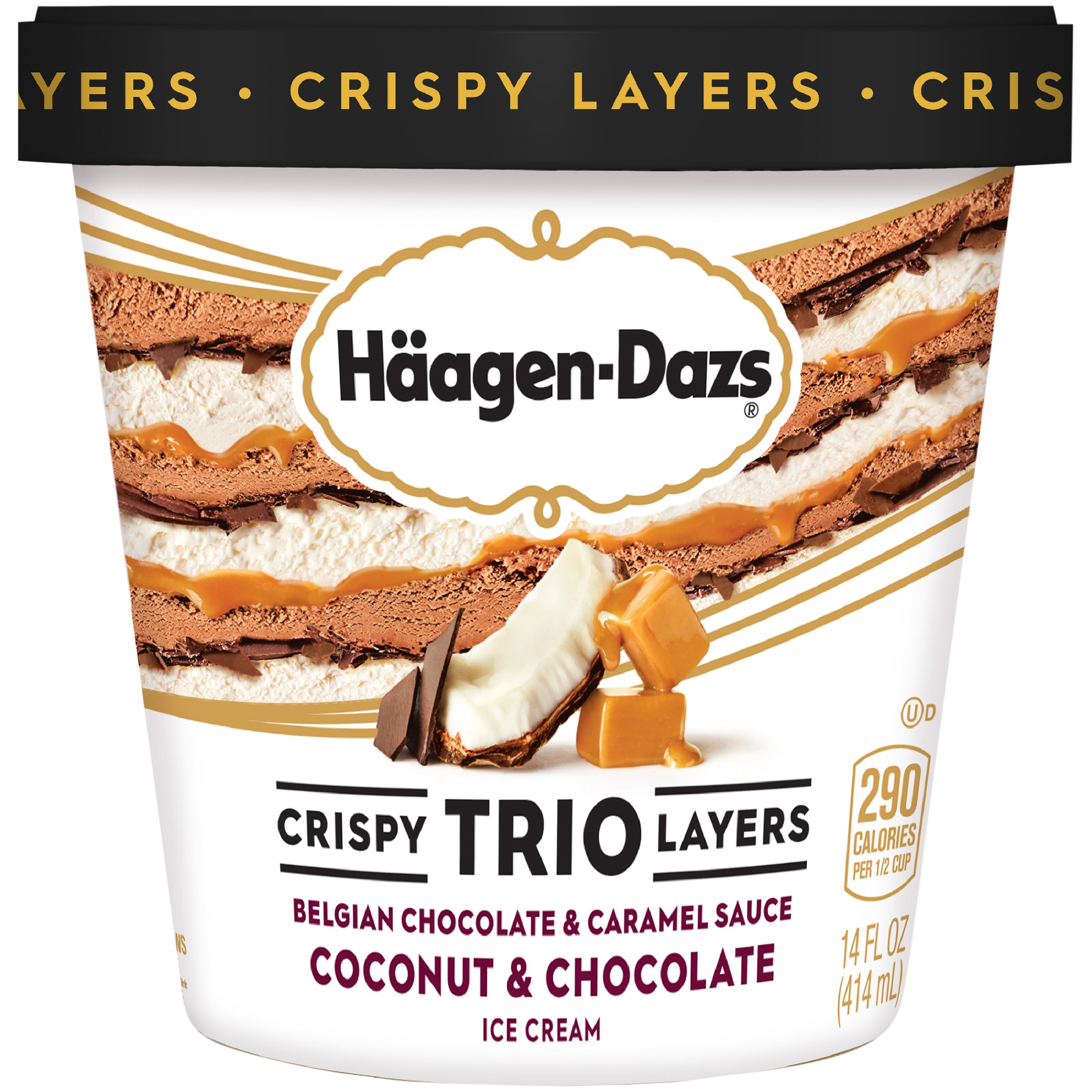 COCONUT & CHOCOLATE BELGIAN CHOCOLATE & CARAMEL SAUCE CRISPY TRIO LAYERS ICE CREAM, COCONUT & CHOCOLATE