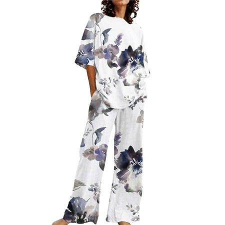Clearance! Womens Pajama Sets Pajama Sets for Women 4722 Piece Summer Outfits for Women 2 Cotton Linen Set Oversized T Shirts Straight Leg Pant Plus S