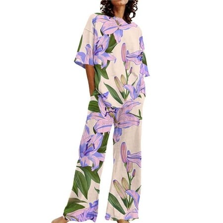 Clearance! Womens Pajama Sets Pajama Sets for Women 3943 Piece Summer Outfits for Women 2 Cotton Linen Set Oversized T Shirts Straight Leg Pant Plus S