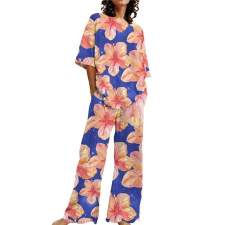 Clearance! Womens Pajama Sets Pajama Sets for Women 4081 Piece Summer Outfits for Women 2 Cotton Linen Set Oversized T Shirts Straight Leg Pant Plus S