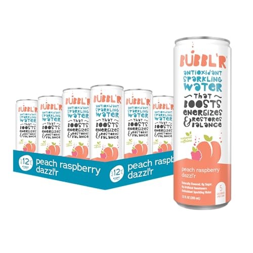 BUBBL'R Peach Raspberry Dazzl'r, Antioxidant Sparkling Water with Natural Caffeine, 0g Sugar, Gluten Free, All Natural Flavors, 12 Fl Oz Cans, 12 Coun