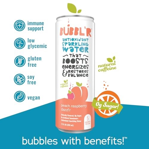 BUBBL'R Peach Raspberry Dazzl'r, Antioxidant Sparkling Water with Natural Caffeine, 0g Sugar, Gluten Free, All Natural Flavors, 12 Fl Oz Cans, 12 Coun thumbnail
