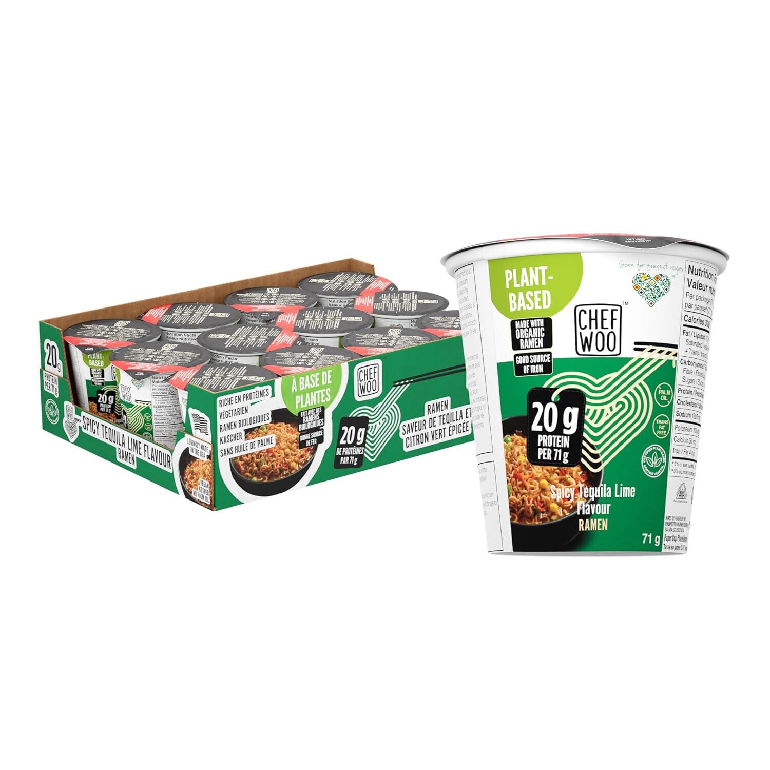 CHEF WOO Spicy Tequila Lime Ramen Cup Noodles (12 PACK), 20g of Plant-Based