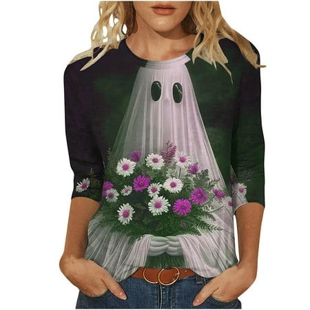 ZQUUVOU 2024 Halloween Women Shirts Ladies Cute Ghost Print 3/4 Sleeve Tunic Tops Fall Crew Neck Pullover Blouse T-Shirt Purple