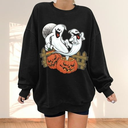 Leesechin Womens Long Sleeve Sweatshirt Fashion Halloween Print Fall Pumpkin Face Tops Round Neck Trendy Ghost 2024 Pullover