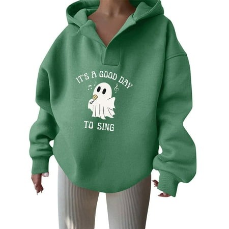 Beugl Halloween Hoodies  Women S V Neck Cute Ghost Print Oversized Hoodies Sweatshirts Long Sleeve Pullover Casual Fall Preppy Clothes 2024 Trendy Gra