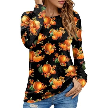 Tunics or Tops to Wear with Leggings Pumpkin Ghost Print T-Shirts Long Sleeve Crew Neck Tshirts Casual Loose Blouse Fall Clothes for Women 2024 X-Larg