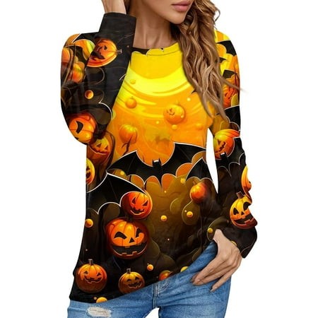 Tunics or Tops to Wear with Leggings Pumpkin Ghost Print Tshirts Long Sleeve Crew Neck T-Shirts Casual Loose Blouse Fall Fashion for Women 2024 Fluore