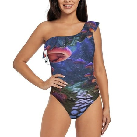 Honeii Jungle Path Glowing Mushrooms for Women S One-piece Swimsuit Featuring a Chic One-shoulder Design Experience Elegance and Style in the Water-La