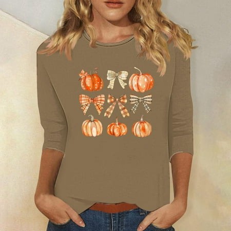 SZJXBUY 3/4 Length Sleeve Halloween Tops Halloween Shirts for Women Crewneck Tunic Tshirt Cute Ghost Graphic Tee 2024 Fall Outfits Funny Gifts Tops Kh