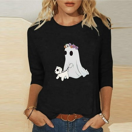 SZJXBUY Halloween Tops for Women Halloween Shirts for Women 3/4 Length Sleeve Womens Tops 2024 Fall Tshirts Casual Crewneck Ghost Graphic Tee Shirt Bl