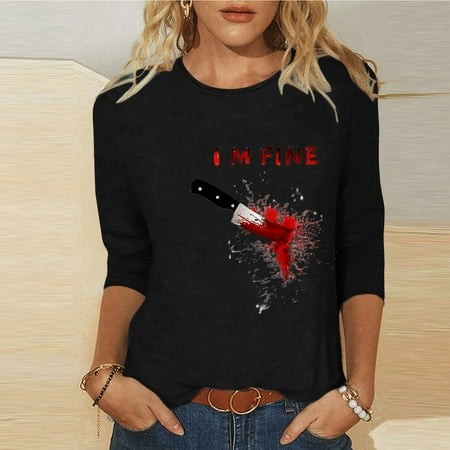 SZJXBUY Halloween Shirts Halloween Shirts for Women 3/4 Length Sleeve Womens Tops 2024 Fall Tshirts Casual Crewneck Ghost Graphic Tee Shirt Black M