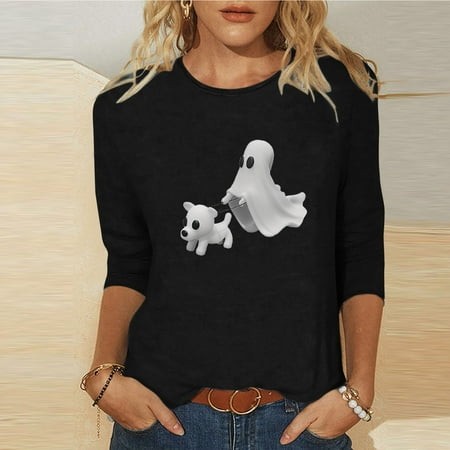 SZJXBUY 3/4 Length Sleeve Halloween Tops Halloween Shirts for Women 3/4 Sleeve Womens Tops 2024 Fall Tshirts Casual Crewneck Ghost Graphic Tee Shirt B