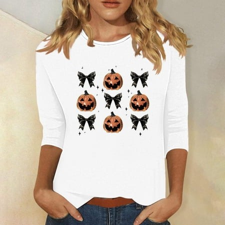 SZJXBUY 3/4 Length Sleeve Womens Tops Halloween Shirts for Women Crewneck Tunic Tshirt Cute Ghost Graphic Tee 2024 Fall Outfits Funny Gifts Tops White