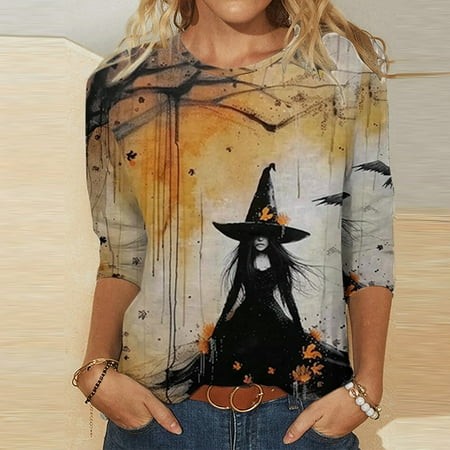 SZJXBUY 3/4 Sleeve T Shirts for Women Halloween Shirts for Women Crewneck Tunic Tshirt Cute Ghost Graphic Tee 2024 Fall Outfits Funny Gifts Tops Brown