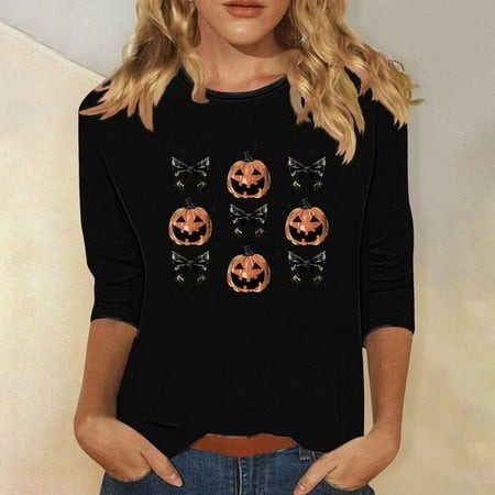 SZJXBUY 3/4 Length Sleeve Womens Tops Halloween Shirts for Women Crewneck Tunic Tshirt Cute Ghost Graphic Tee 2024 Fall Outfits Funny Gifts Tops Black