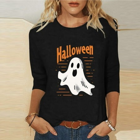 SZJXBUY Halloween Tops Halloween Shirts for Women 3/4 Length Sleeve Womens Tops 2024 Fall Tshirts Casual Crewneck Ghost Graphic Tee Shirt Black XL