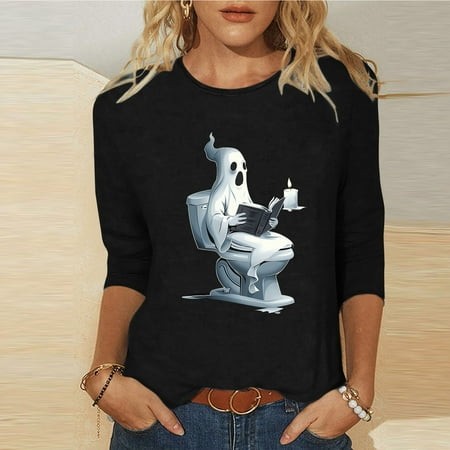 SZJXBUY Halloween T Shirt Halloween Shirts for Women 3/4 Length Sleeve Womens Tops 2024 Fall Tshirts Casual Crewneck Ghost Graphic Tee Shirt Black XXL