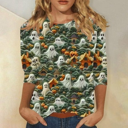SZJXBUY Women Tops 3/4 Sleeve Tunic Halloween Shirts for Women Crewneck Tunic Tshirt Cute Ghost Graphic Tee 2024 Fall Outfits Funny Gifts Tops Orange 