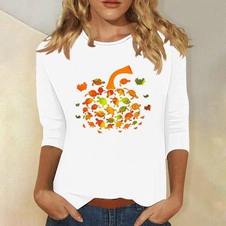 SZJXBUY Womens 3/4 Sleeve Halloween Shirts for Women Crewneck Tunic Tshirt Cute Gnomes Ghost Graphic Tee 2024 Fall Outfits Funny Gifts Tops White S
