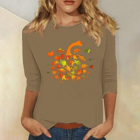 SZJXBUY Womens 3/4 Sleeve Halloween Shirts for Women Crewneck Tunic Tshirt Cute Gnomes Ghost Graphic Tee 2024 Fall Outfits Funny Gifts Tops Khaki M