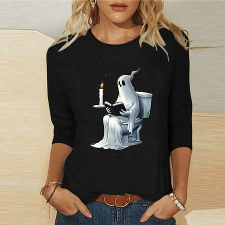 SZJXBUY 3/4 Sleeve Womens Tops Halloween Shirts for Women 3/4 Length Sleeve Womens Tops 2024 Fall Tshirts Casual Crewneck Ghost Graphic Tee Shirt Blac